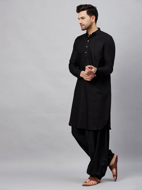 Men's Black Cotton Blend Pathani Suit Set